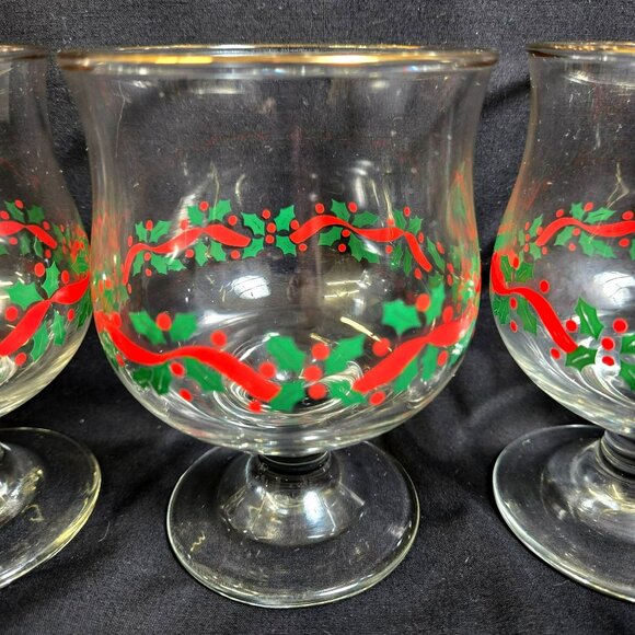 Set (6) Libbey Holly Berry Champagne Sherbet Goblets Gold Rim Christmas Glasses - Picture 3 of 16